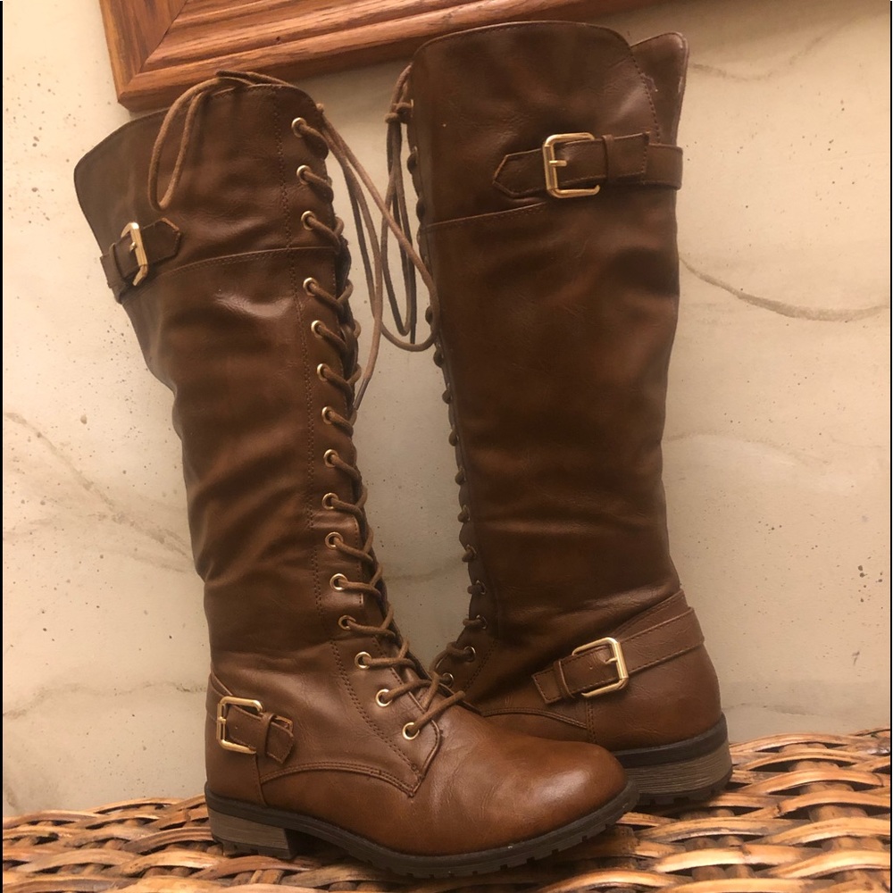 Forever Link Knee High Combat Stacked Heel Boot